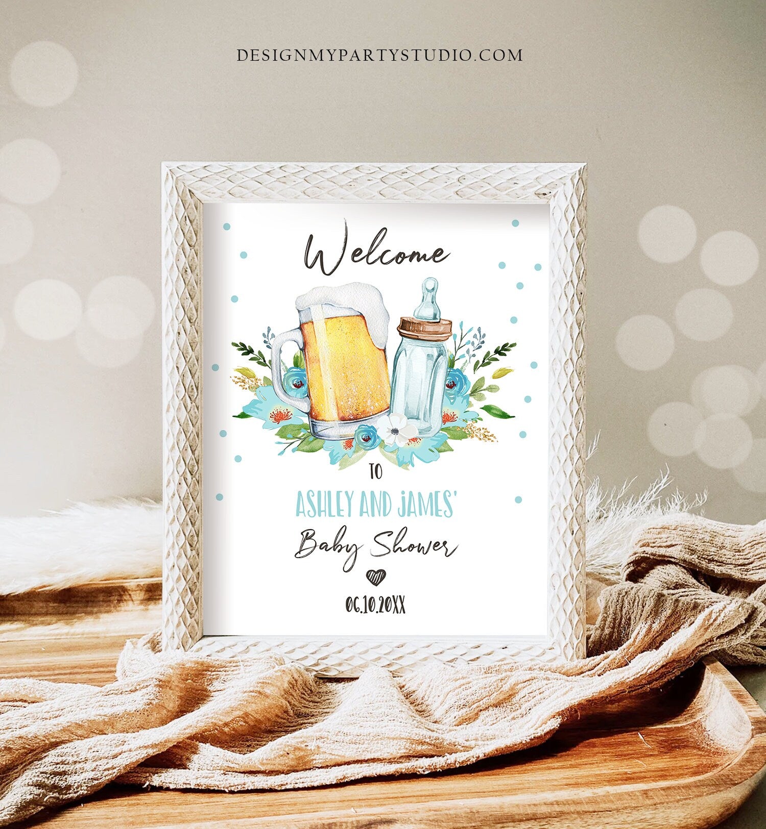Editable A Baby is Brewing Welcome Sign Brewing Baby Shower Bottle and Beers Cheers Coed Couples Shower Gender Boy Blue Corjl Template 0190