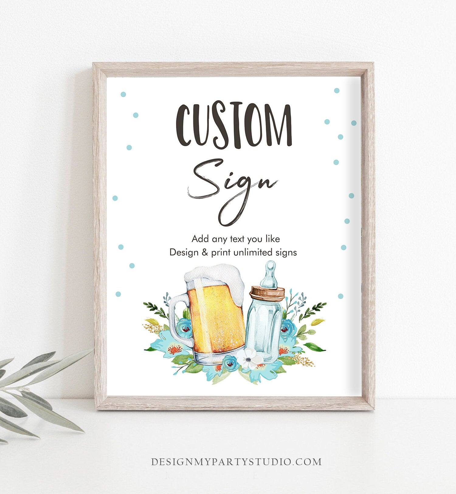 Editable Custom Baby is Brewing Sign Brewing Baby Shower Decor Table Sign Beers and Bottles Boy Blue Corjl Template Printable 8x10 0190