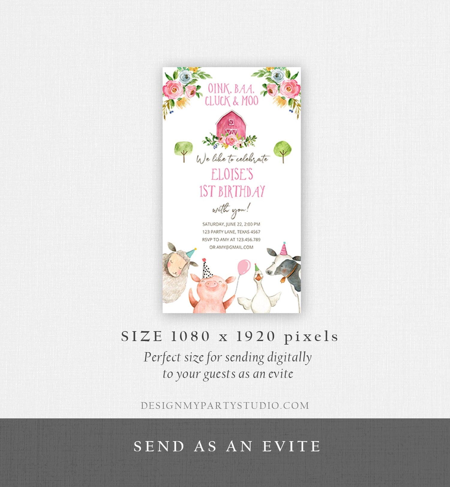Editable Farm Birthday Evite Girl Farm Animals Pink Floral Barnyard Party Invitation Download Phone Invitation Template Digital Corjl 0155