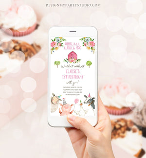 Editable Farm Birthday Evite Girl Farm Animals Pink Floral Barnyard Party Invitation Download Phone Invitation Template Digital Corjl 0155