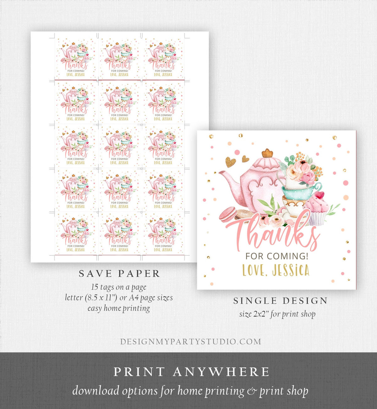 Editable Tea Party Favor Tag Sticker Baby Shower Baby is Brewing Floral Pink Gold Tea for Two Partea Par-tea Template Corjl Printable 0349