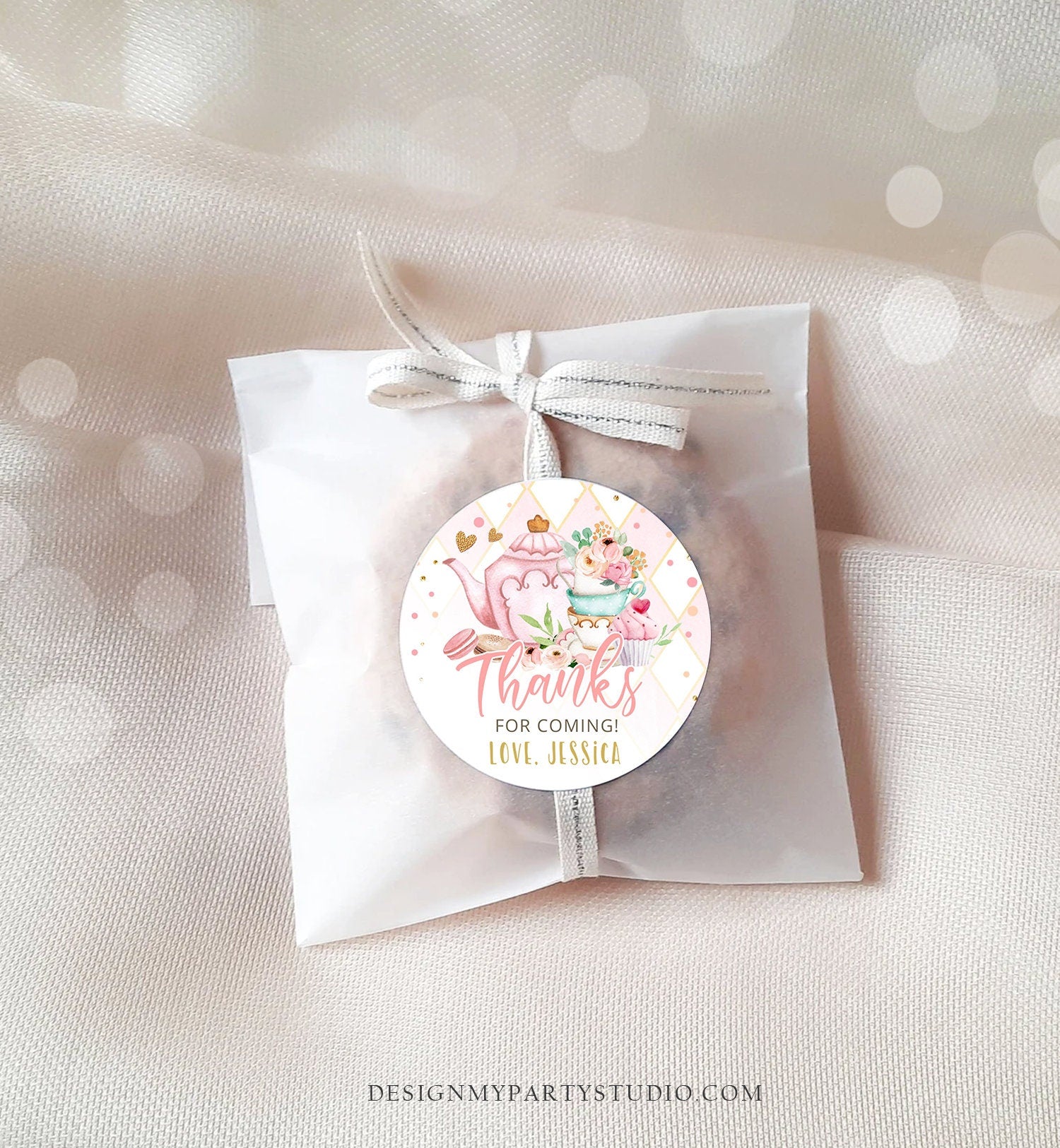 Editable Tea Party Favor Tag Sticker Baby Shower Baby is Brewing Floral Pink Gold Tea for Two Partea Par-tea Template Corjl Printable 0349