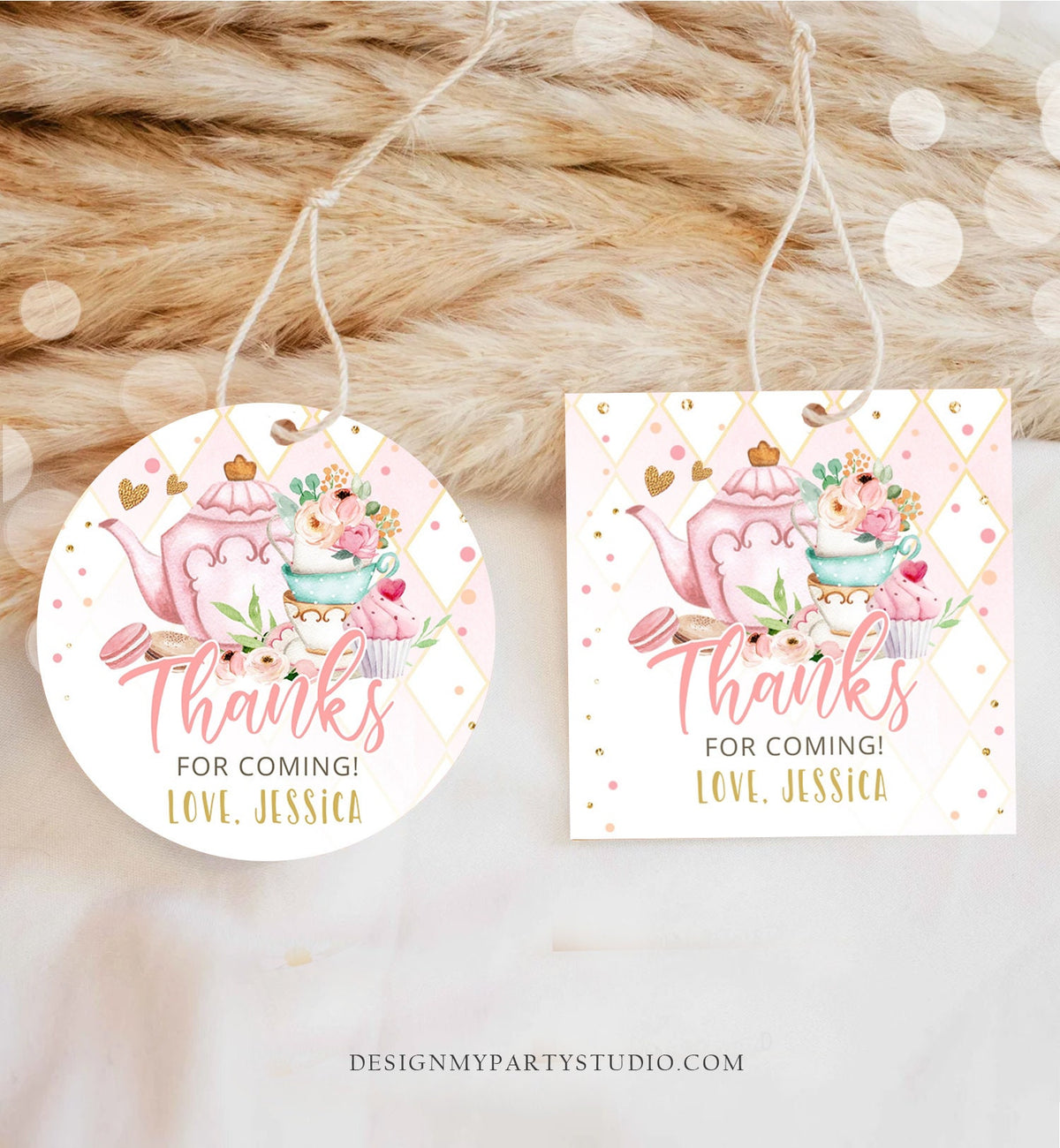Editable Tea Party Favor Tag Sticker Baby Shower Baby is Brewing Floral Pink Gold Tea for Two Partea Par-tea Template Corjl Printable 0349