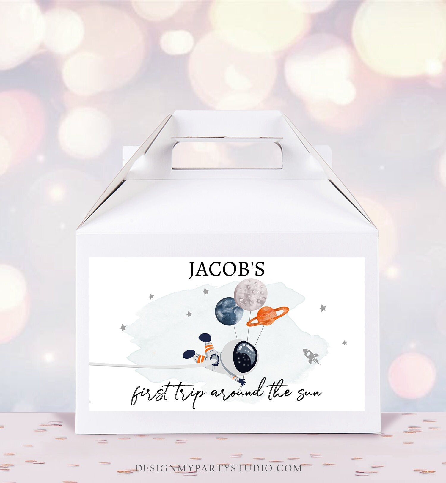 Editable Space Gable Box Label Outer Space Birthday Gift Box Labels First Trip Around the Sun Party Favors Download Printable Corjl 0366