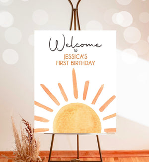Editable Sunshine Welcome Sign First Trip Around the Sun Birthday Party Boho Gender Neutral Sun Baby Shower Template PRINTABLE Corjl 0431