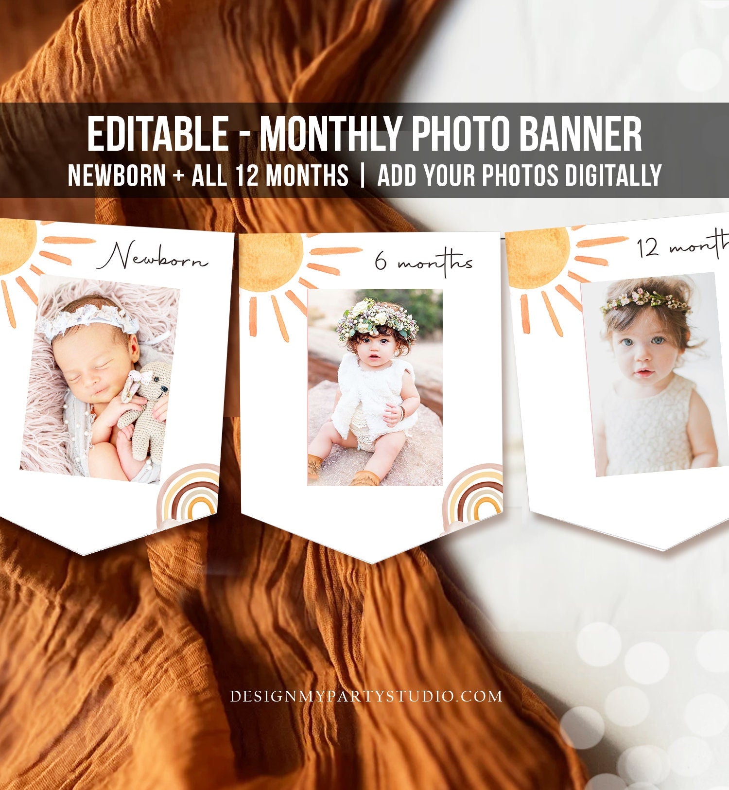 Editable Sun Monthly Photo Banner First Birthday Sunshine Rainbow 1st First Trip Around The Sun Neutral Decor Corjl Template Printable 0431