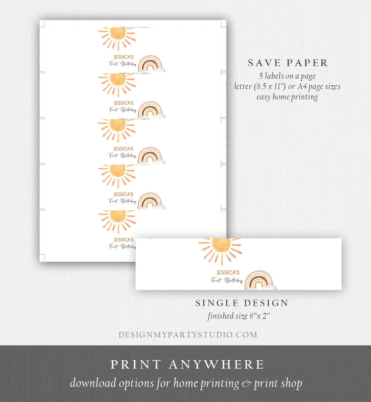 Editable Sunshine Water Bottle Labels First Trip Around the Sun Birthday Decor Rainbow Neutral Bottle Label Digital Template Printable 0431