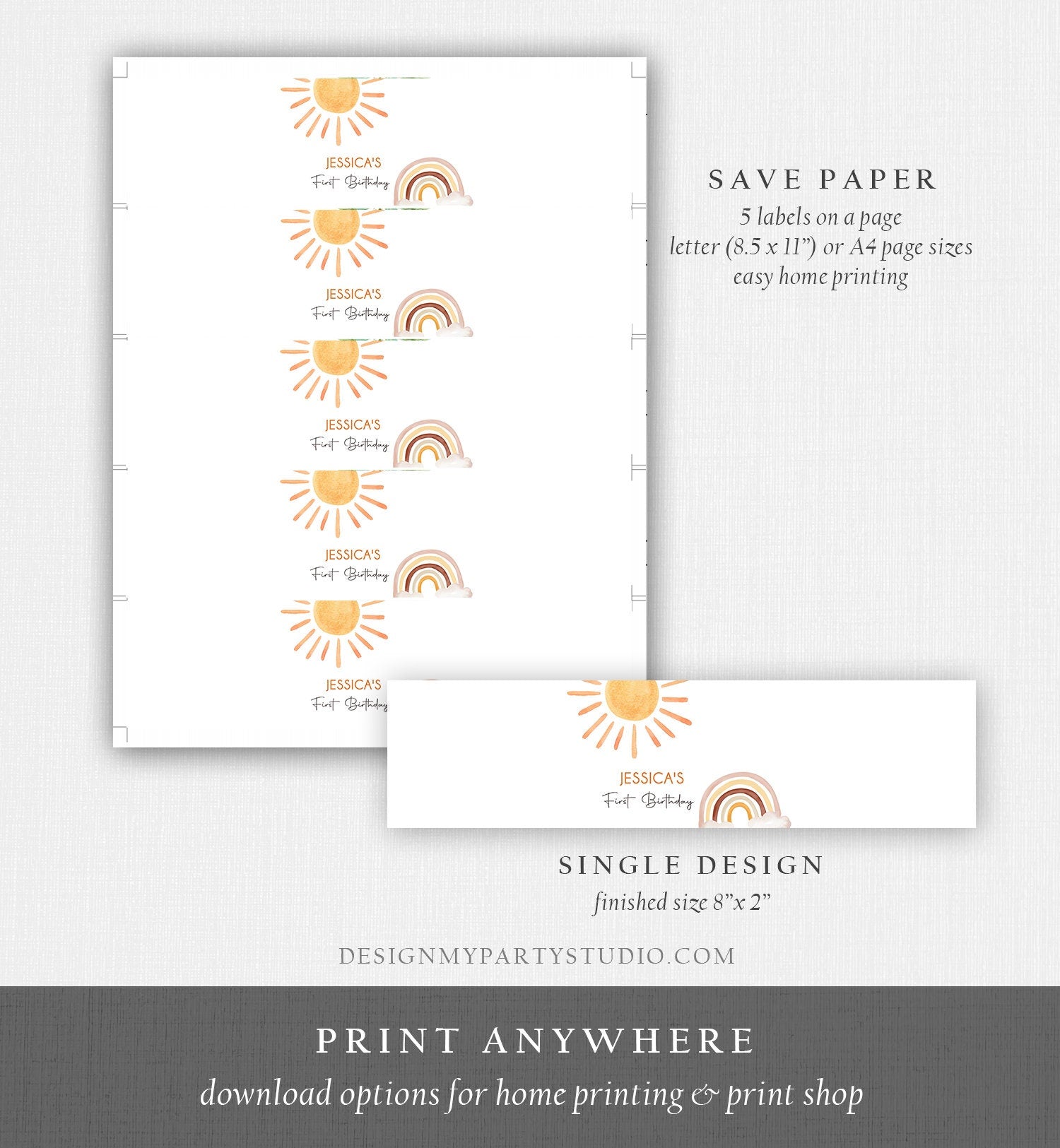 Editable Sunshine Water Bottle Labels First Trip Around the Sun Birthday Decor Rainbow Neutral Bottle Label Digital Template Printable 0431