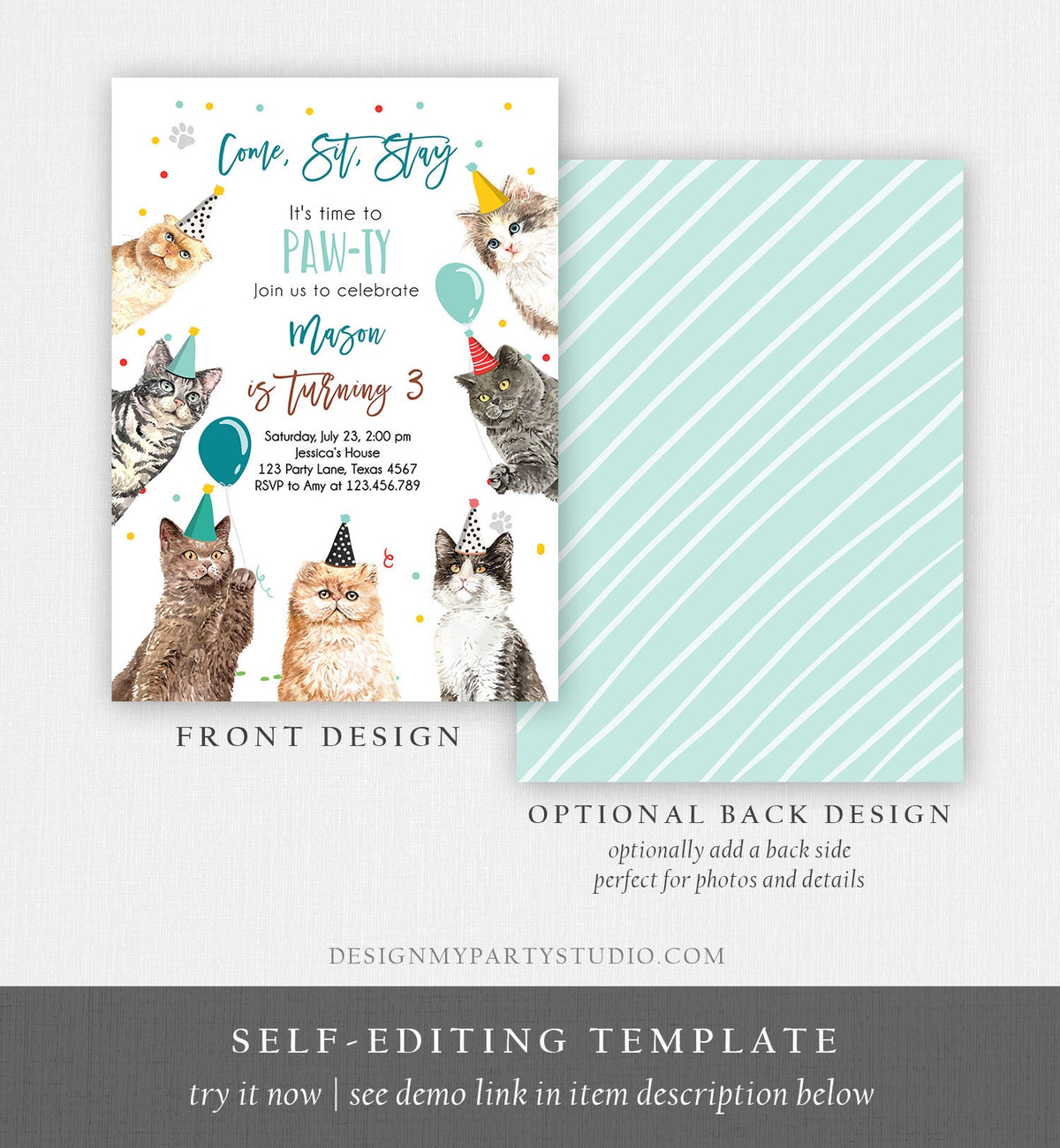 Editable Cat Birthday Party Invitation Kitten Birthday Invite Blue Boy Kitty Cat Pet Cute Digital Download Evite Template Printable 0384