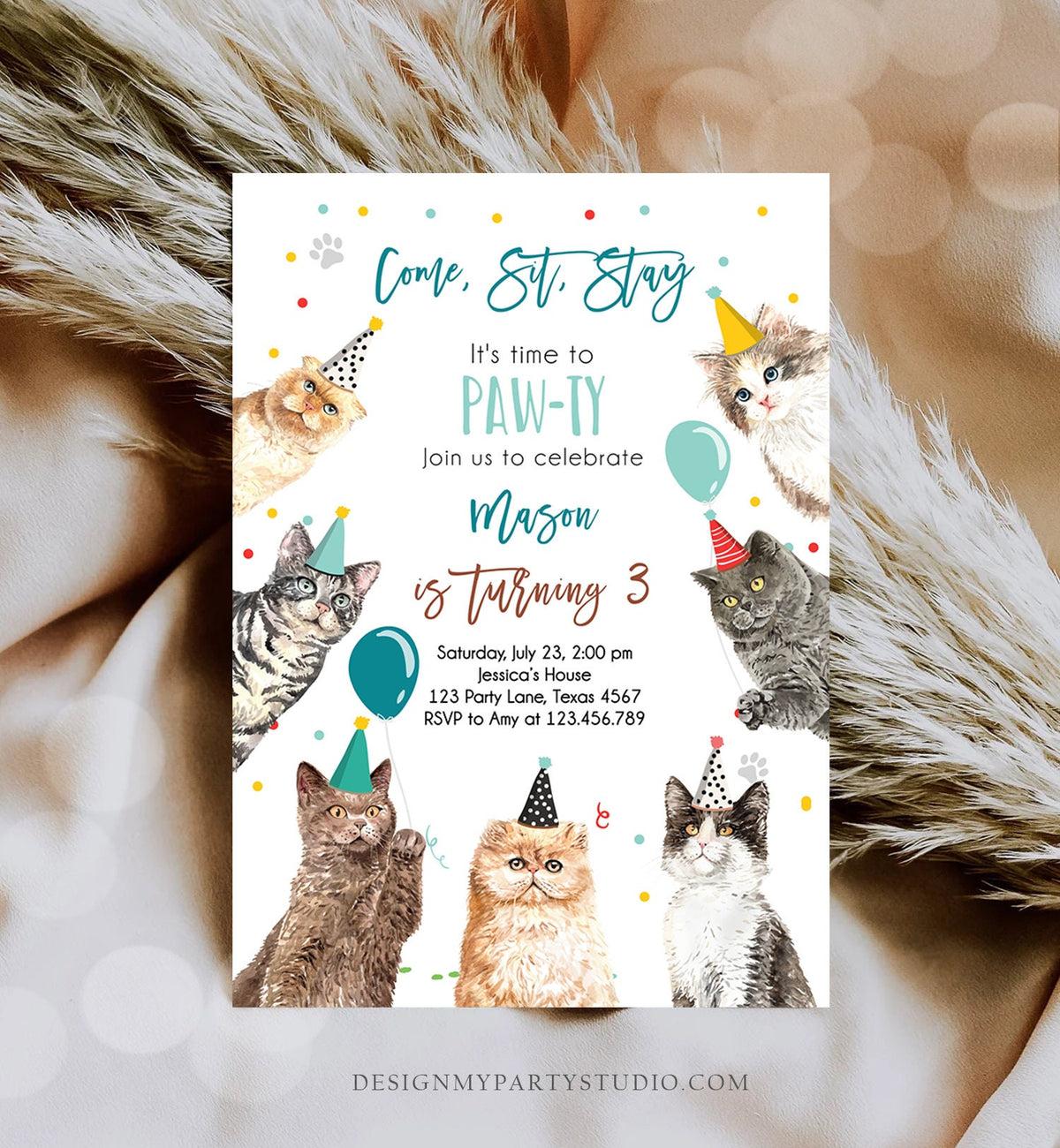 Editable Cat Birthday Party Invitation Kitten Birthday Invite Blue Boy Kitty Cat Pet Cute Digital Download Evite Template Printable 0384