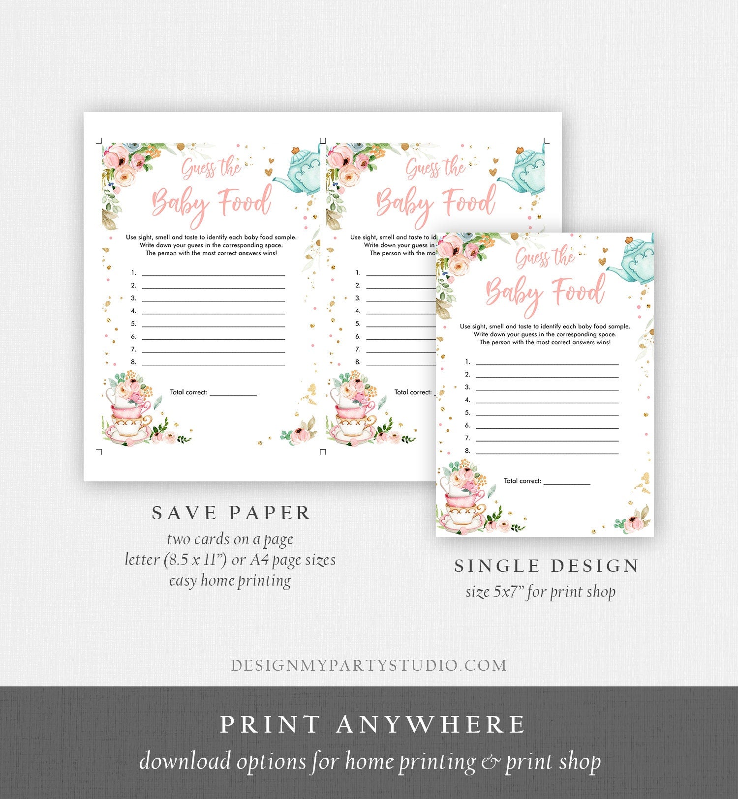 Editable Guess the Baby Food Game Tea Baby Shower Game Greenery Tea Party Baby is Brewing Pink Activity Digital Template Printable 0349