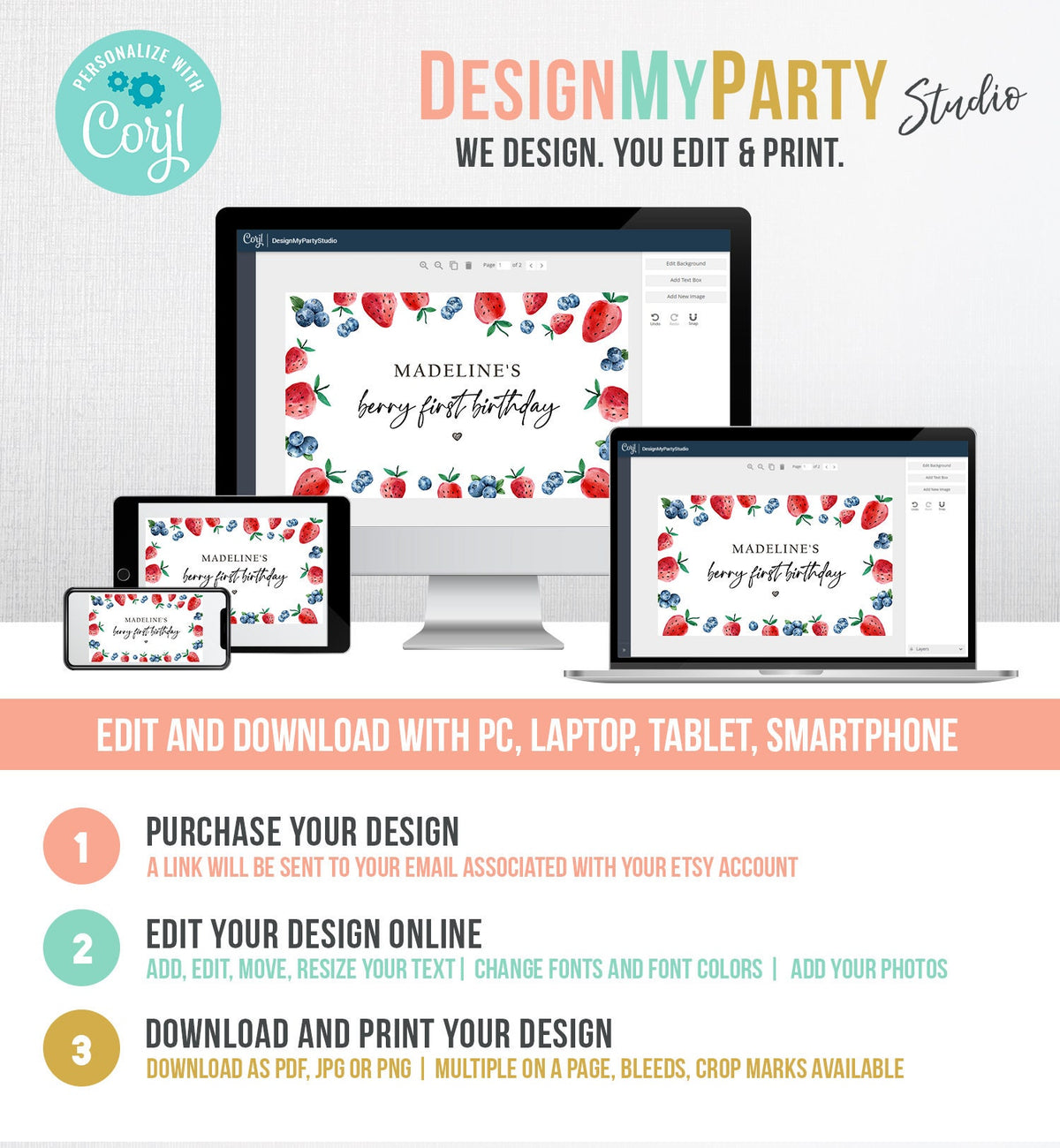 Editable Strawberry Blueberry Backdrop Banner Berry First Birthday Girl Strawberries Berry Sweet Digital Download Template Printable 0399