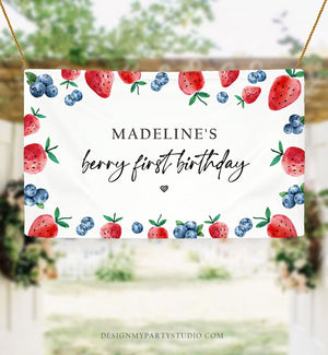 Editable Strawberry Blueberry Backdrop Banner Berry First Birthday Girl Strawberries Berry Sweet Download Corjl Template Printable 0399