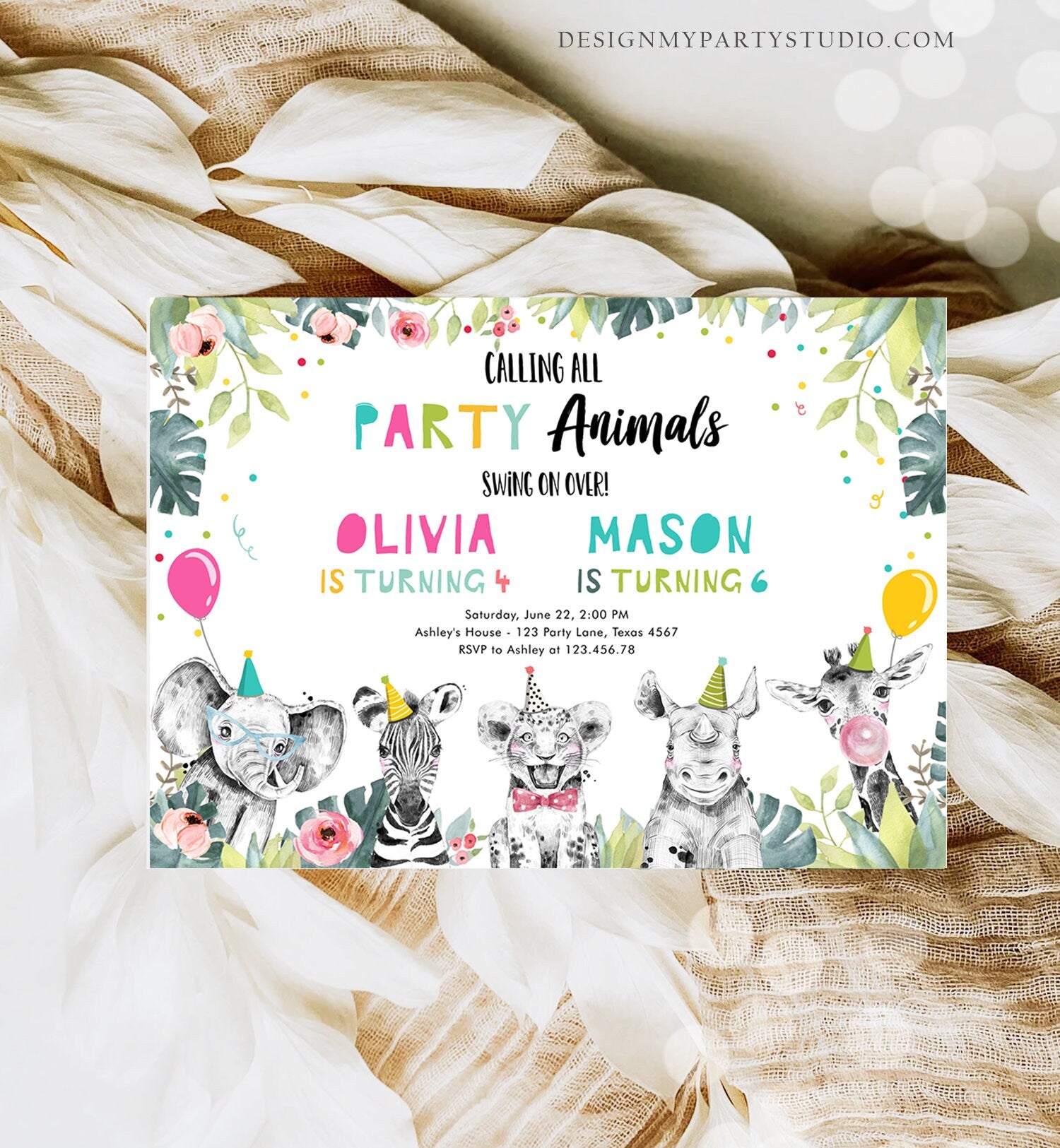 Editable Party Animals Birthday Invitation Wild One Safari Animals ANY AGE Boy Girl Siblings Combined Joint Digital Template Printable 0322