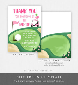 Editable Golf Thank You Card Golfing Birthday Par-tee Swinging By Hole in One Golf Court Girl Pink Cart Printable Corjl Template 0405