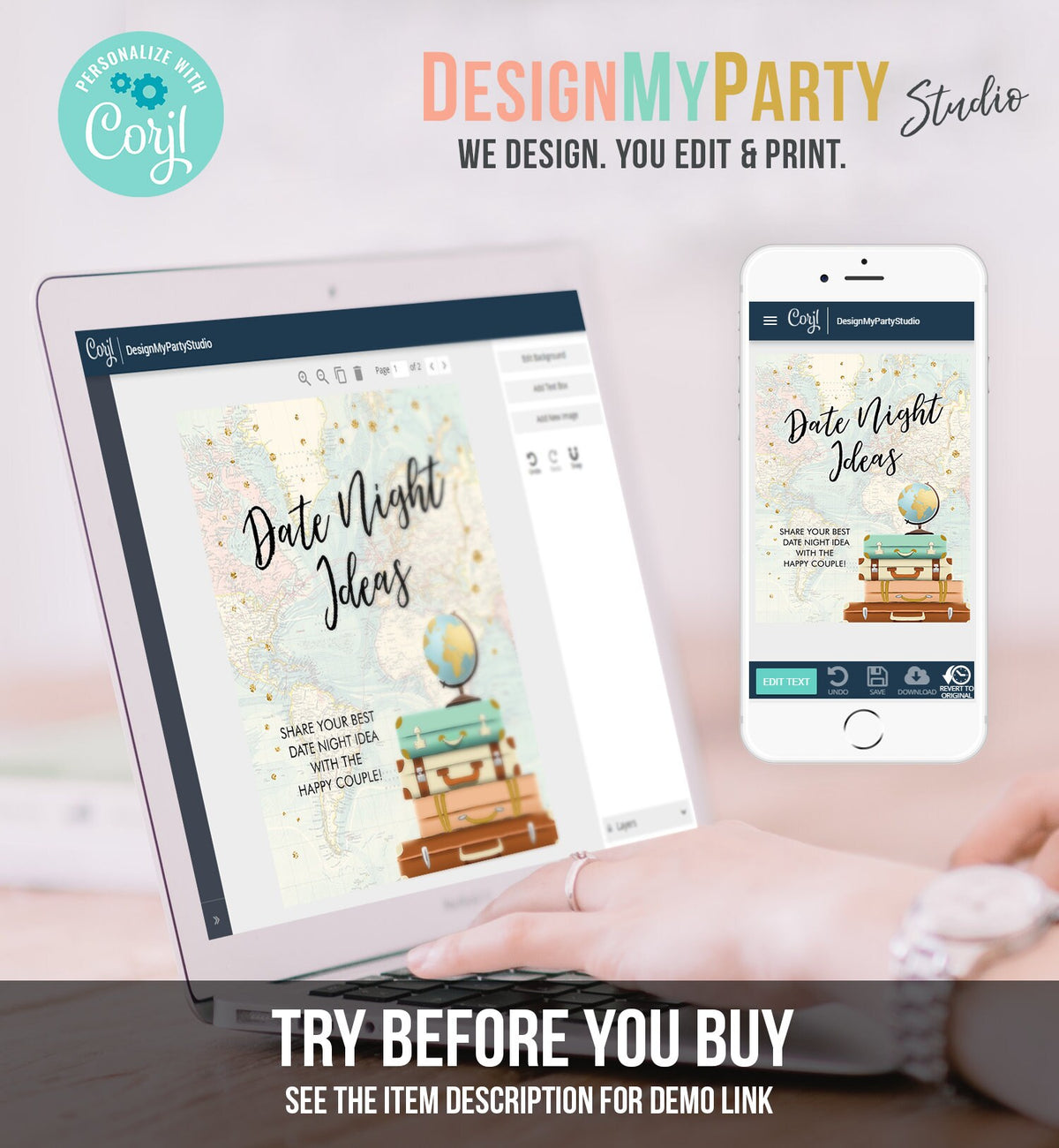 Editable Date Night Ideas Bridal Shower Game Travel Adventure Greenery Gold Date Jar Sign Digital Download Template Printable 0263
