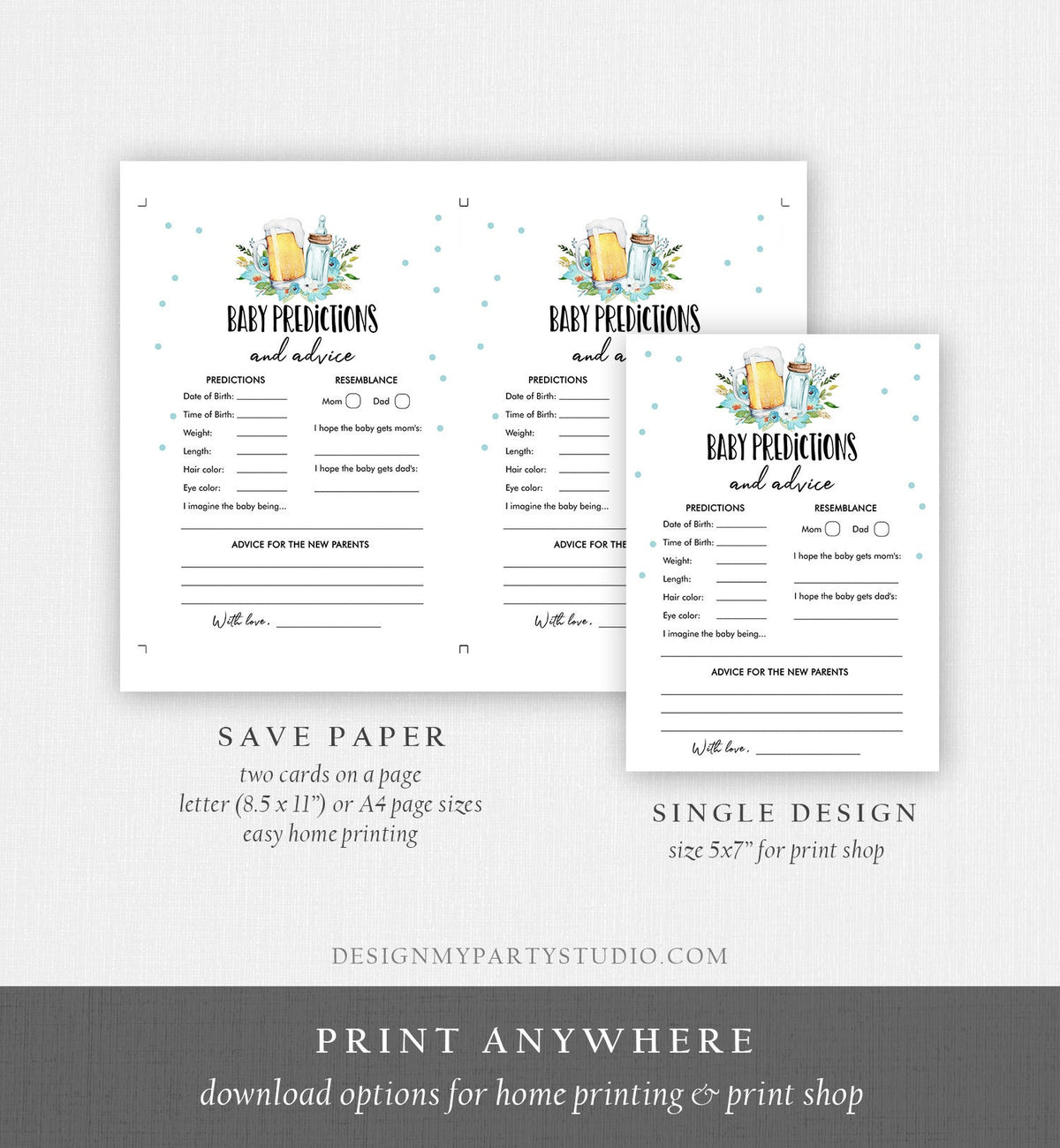 Editable Baby Predictions Baby Shower Game Advice for Parents Greenery Baby is Brewing Activity Beer Bottle Corjl Template Printable 0190