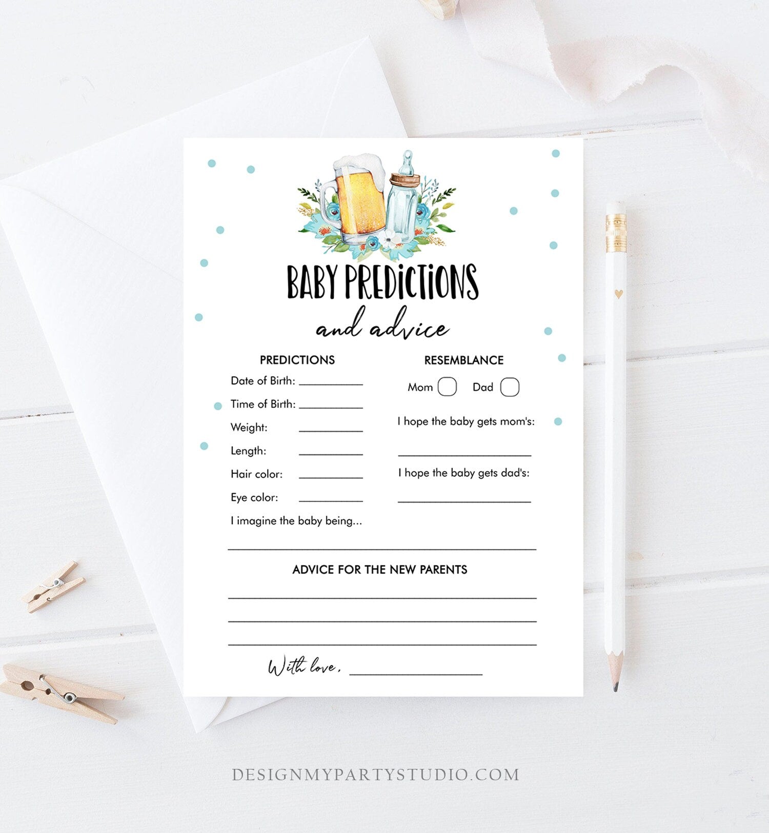 Editable Baby Predictions Baby Shower Game Advice for Parents Greenery Baby is Brewing Activity Beer Bottle Corjl Template Printable 0190