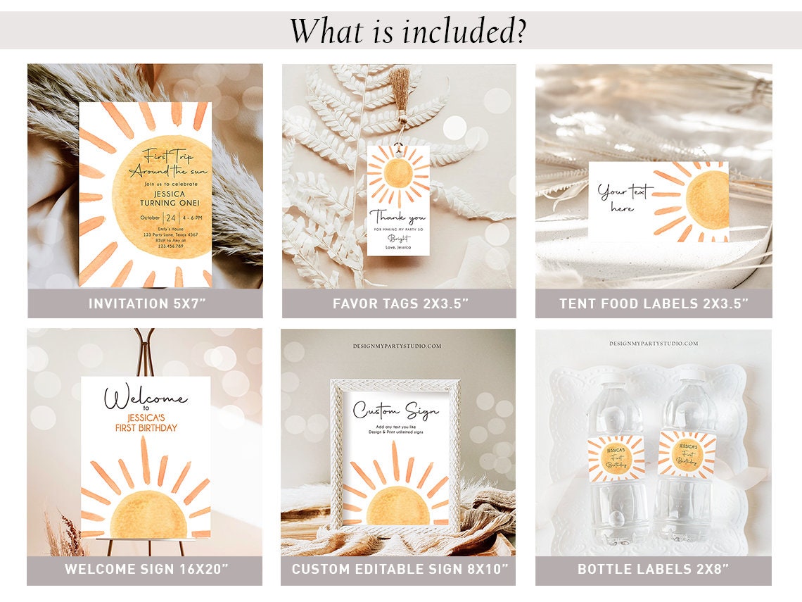 First Trip Around The Sun Birthday Invitation Bundle 1st Sunshine Party Girl Boy Kit Package Digital Download Template Printable 0431