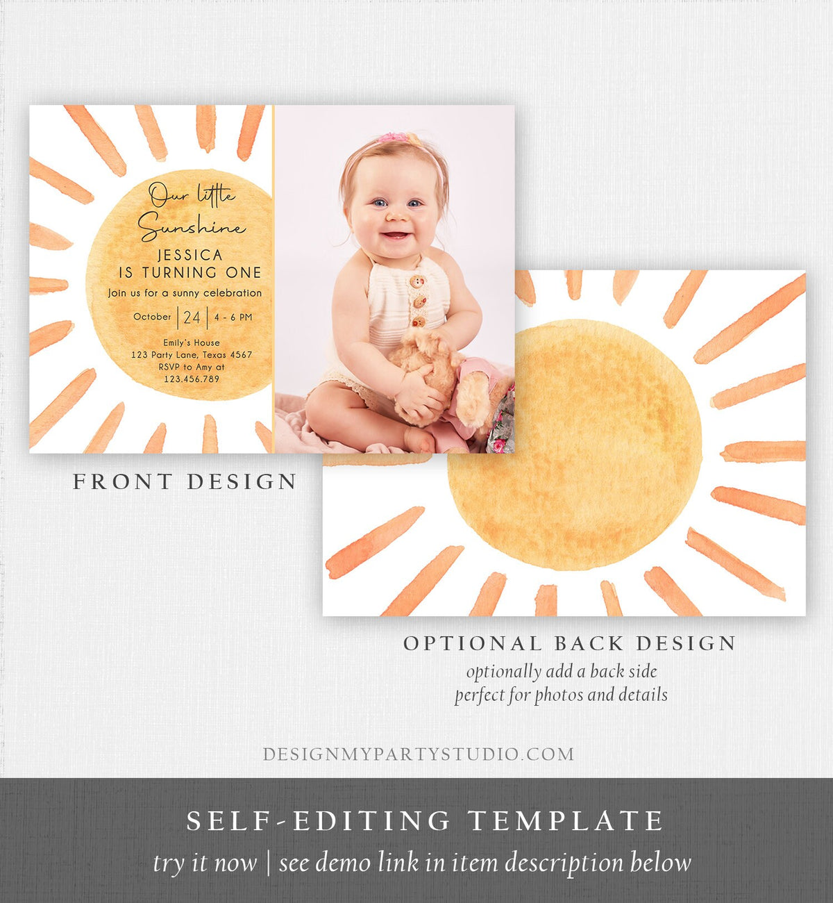 Editable Our Little Sunshine Birthday Invitation 1st Summer Sunshine Party Neutral Boho Digital Download Evite Template Printable 0431