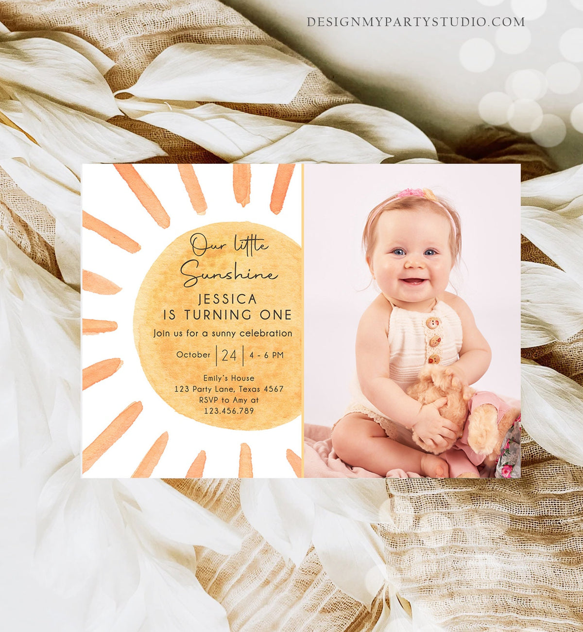 Editable Our Little Sunshine Birthday Invitation 1st Summer Sunshine Party Neutral Boho Digital Download Evite Template Printable 0431