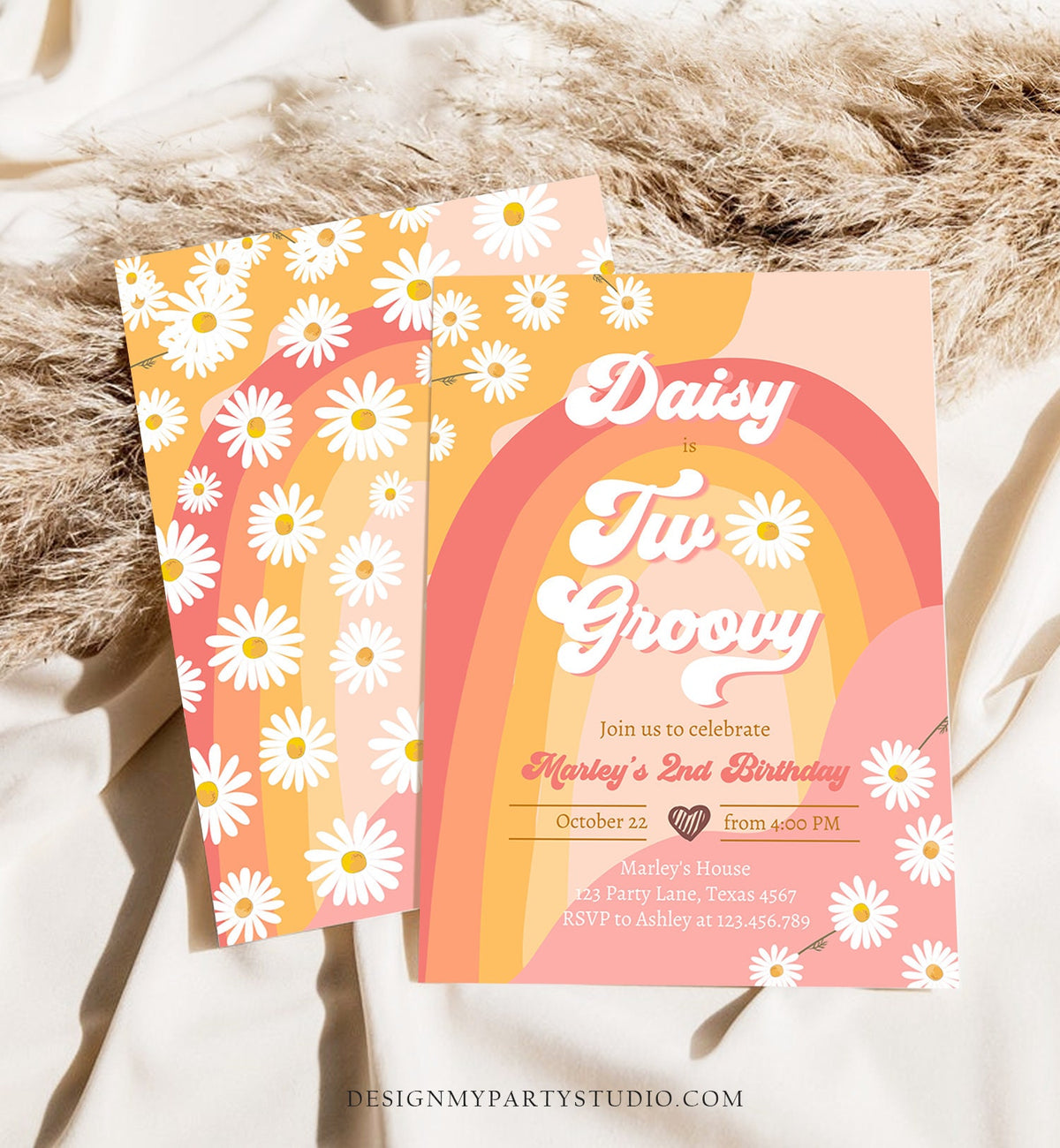 Editable Two Groovy Birthday Party Invitation 2nd Birthday Boho Retro Flower Power 70&#39;s Daisy Download Printable Template Corjl Digital 0428