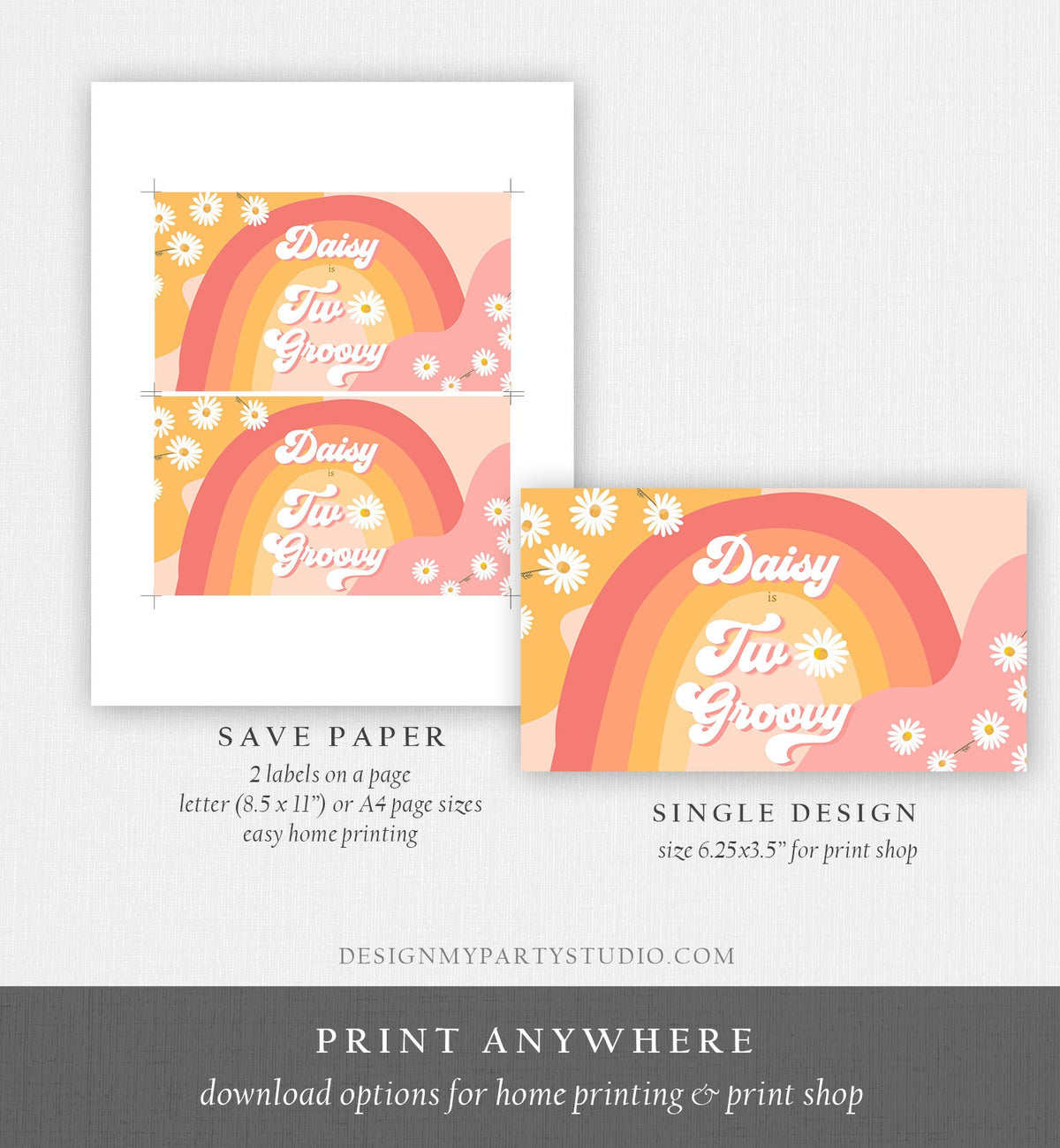 Editable Groovy Birthday Party Gable Box Favor Label Hippie 70&#39;s Gift Box Labels Festival Two Groovy Daisy Digital Download Printable 0428