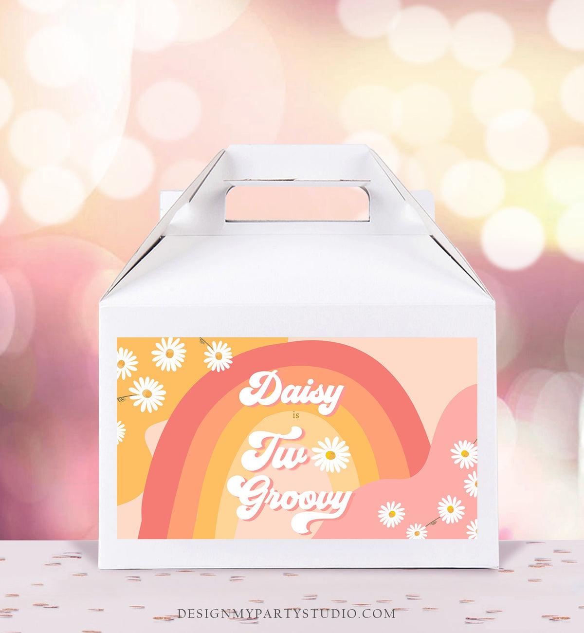 Editable Groovy Birthday Party Gable Box Favor Label Hippie 70&#39;s Gift Box Labels Festival Two Groovy Daisy Digital Download Printable 0428