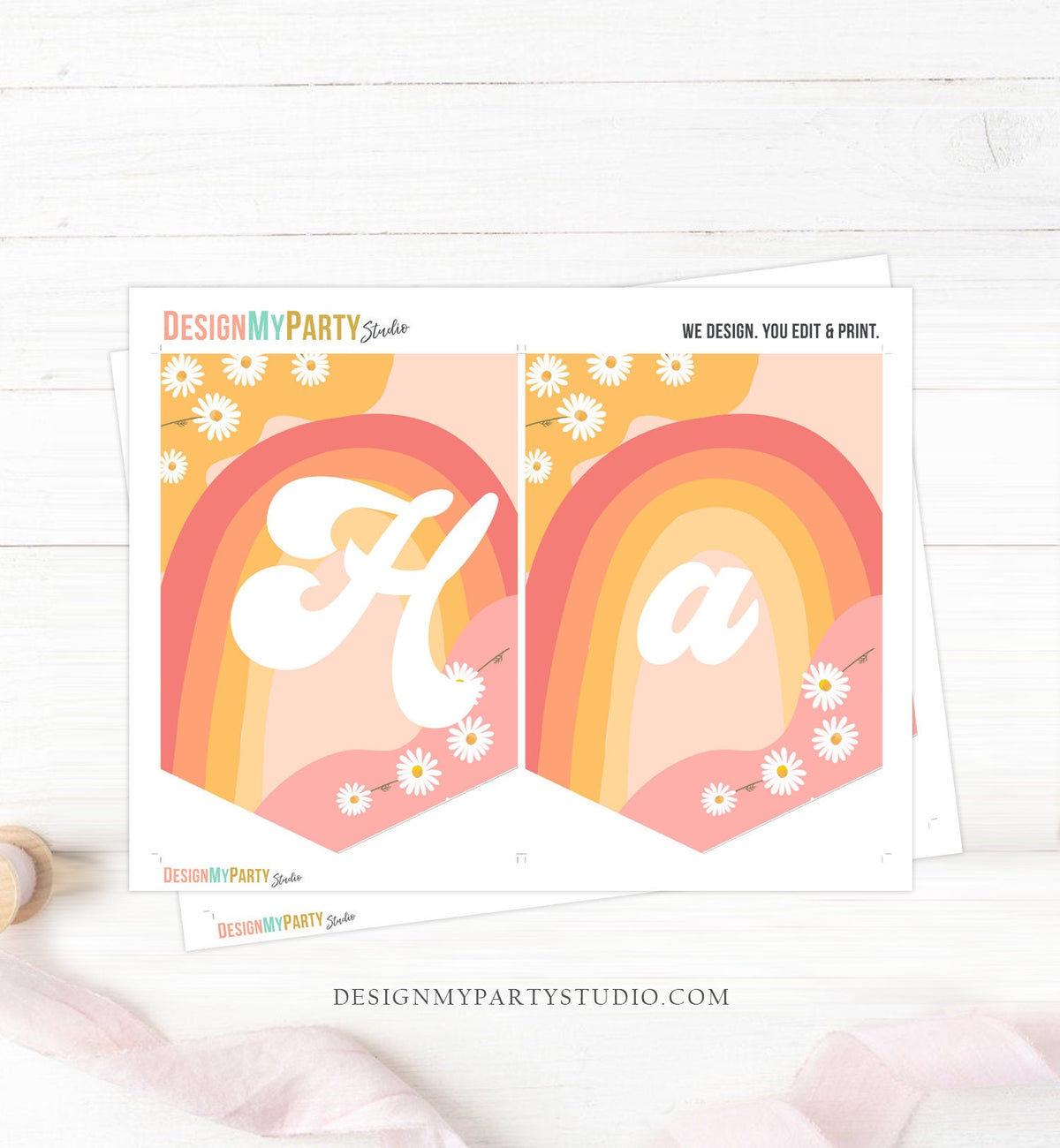 Happy Birthday Banner Daisy Birthday Banner Girl Groovy Birthday Party Decor Boho Retro Floral 70&#39;s Hippie Download PRINTABLE DIGITAL 0428