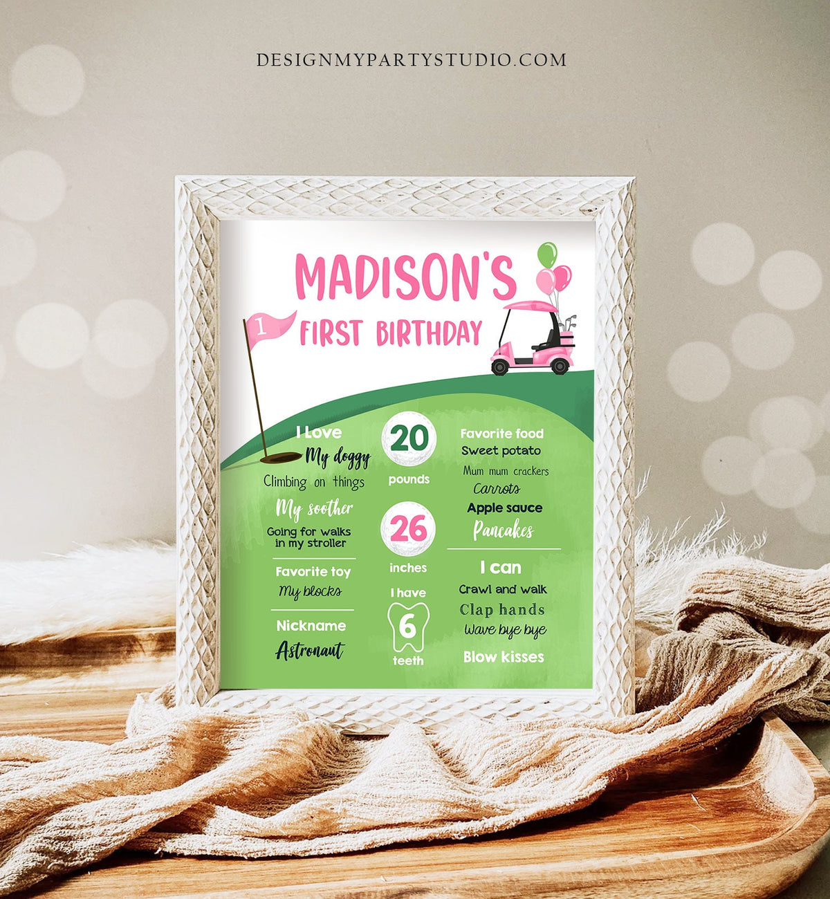 Editable Golf Birthday Milestones Sign Hole in One Golf First Birthday Girl 1st Golf Court Golf Party Pink Template Printable Corjl 0405