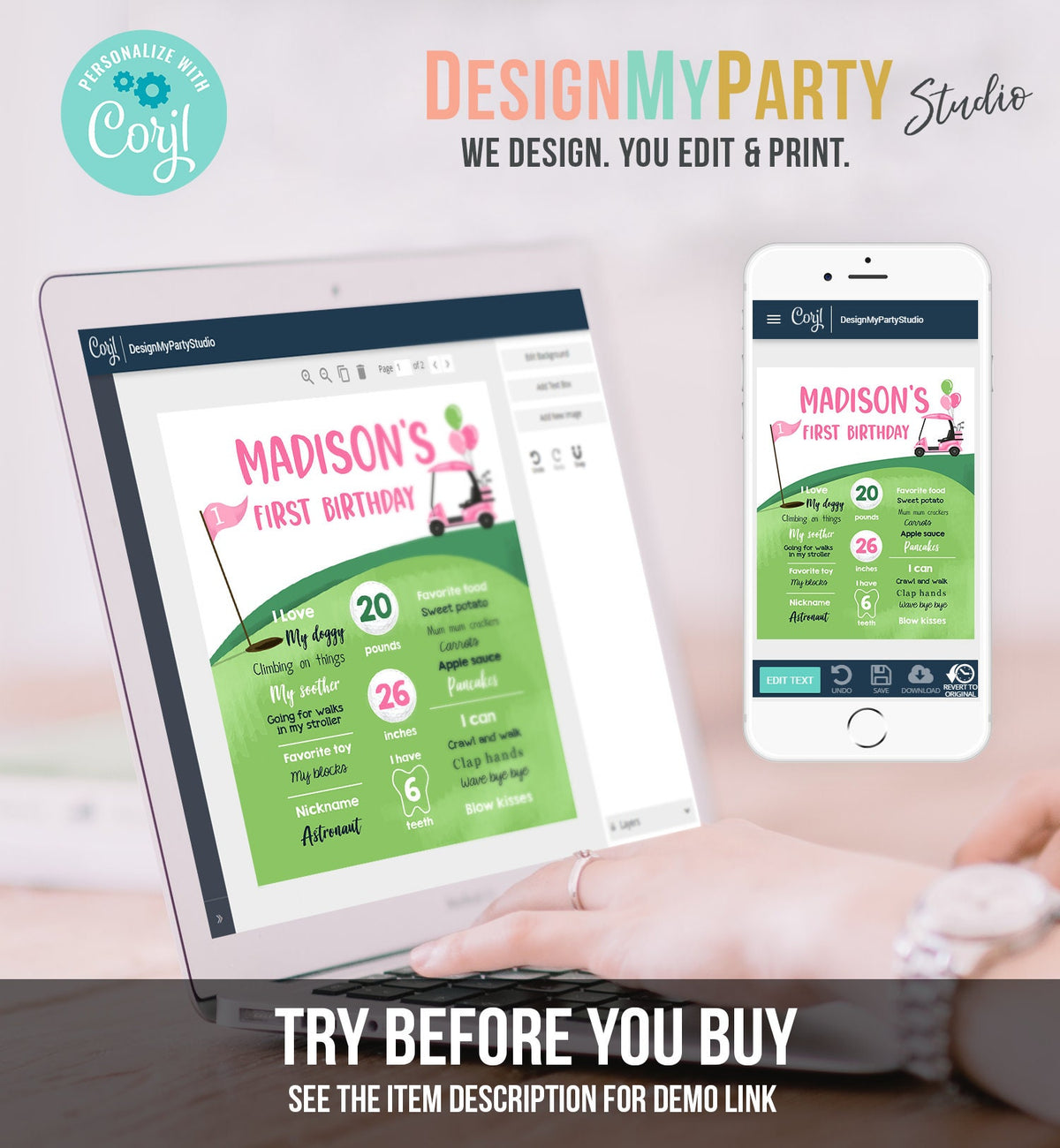 Editable Golf Birthday Milestones Sign Hole in One Golf First Birthday Girl 1st Golf Court Golf Party Pink Template Printable Corjl 0405