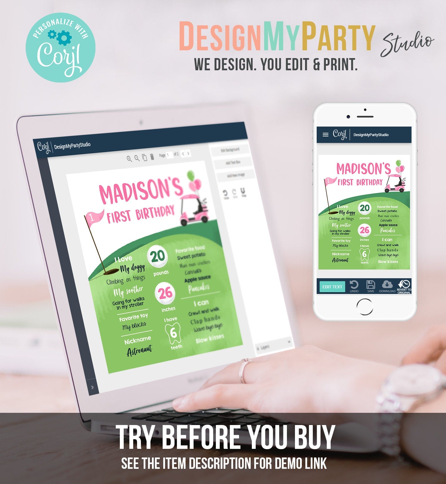 Editable Golf Birthday Milestones Sign Hole in One Golf First Birthday Girl 1st Golf Court Golf Party Pink Template Printable Corjl 0405