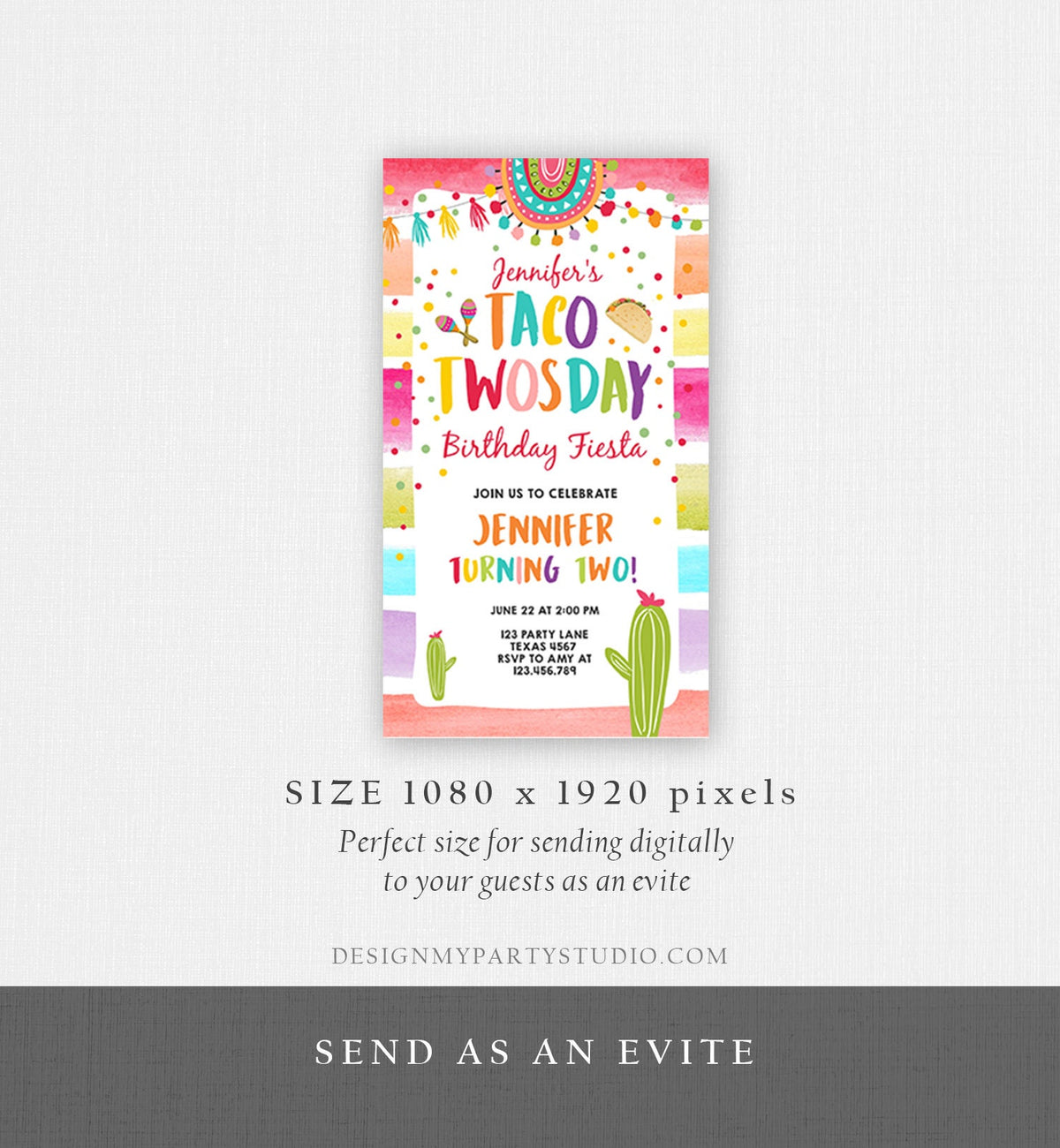 Editable Taco Twosday Fiesta Birthday Evite Electronic Second Birthday 2nd Cactus Mexican Tacos Girl Cactus Phone Corjl Template 0134