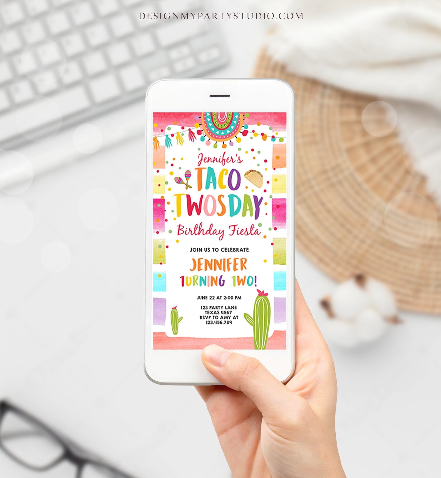 Editable Taco Twosday Fiesta Birthday Evite Electronic Second Birthday 2nd Cactus Mexican Tacos Girl Cactus Phone Corjl Template 0134