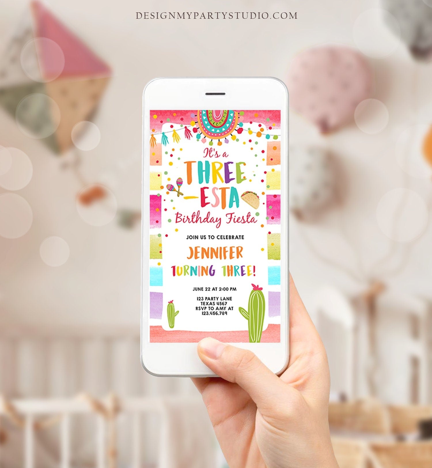 Editable Three-Esta Fiesta Birthday Evite Electronic Third Birthday 3rd Cactus Mexican Tacos Girl Cactus Phone Digital Corjl Template 0134
