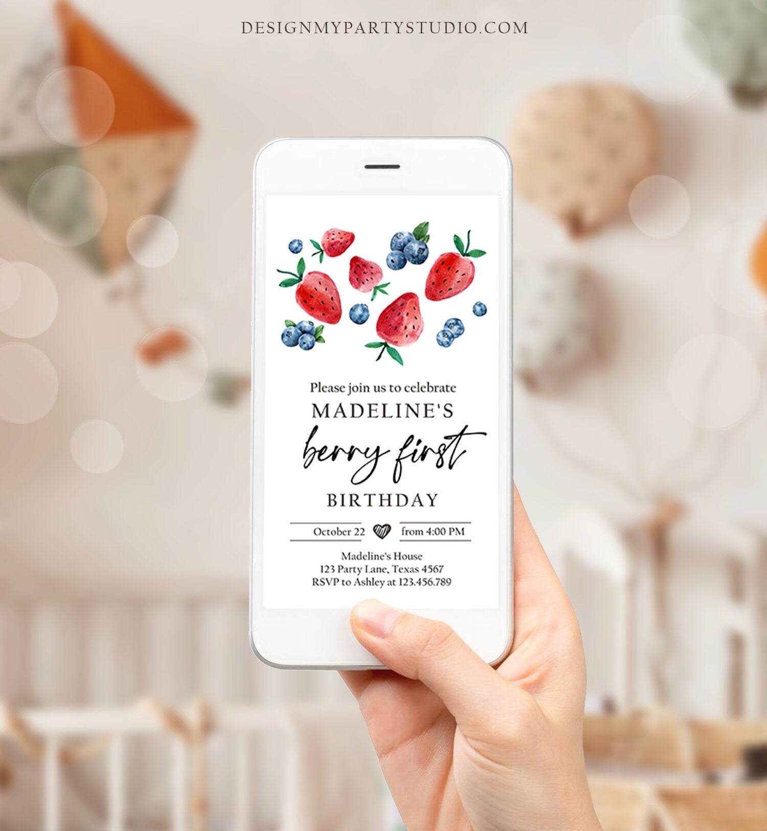 Editable Berry Sweet Birthday Evite Electronic Blueberry Strawberry Picking Party Farmers Market Digital Phone Template Corjl Digital 0399