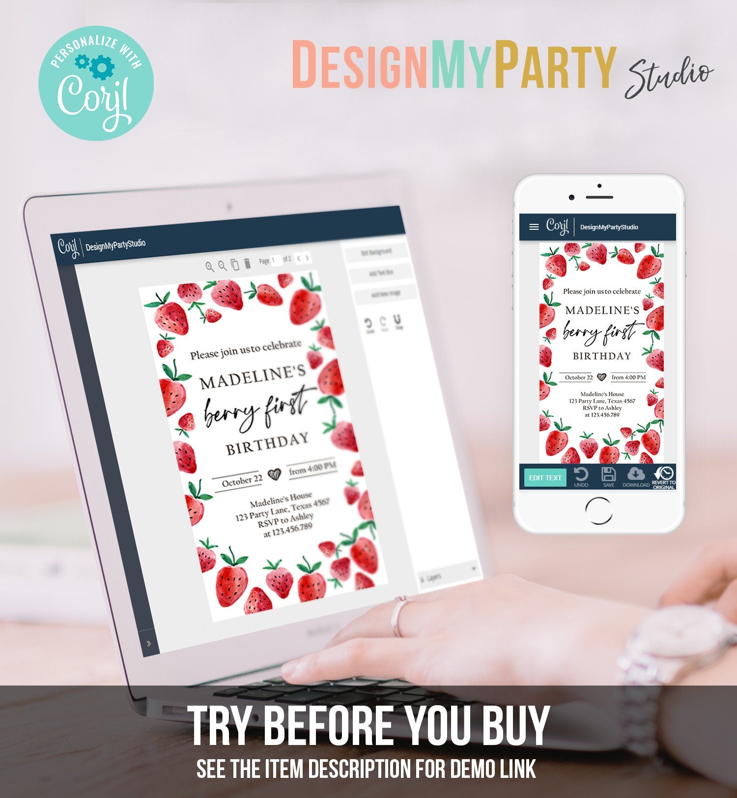 Editable Berry First Birthday Evite Electronic Strawberry Birthday Berry Sweet Strawberries 1st Digital Phone Template Digital Invite 0399