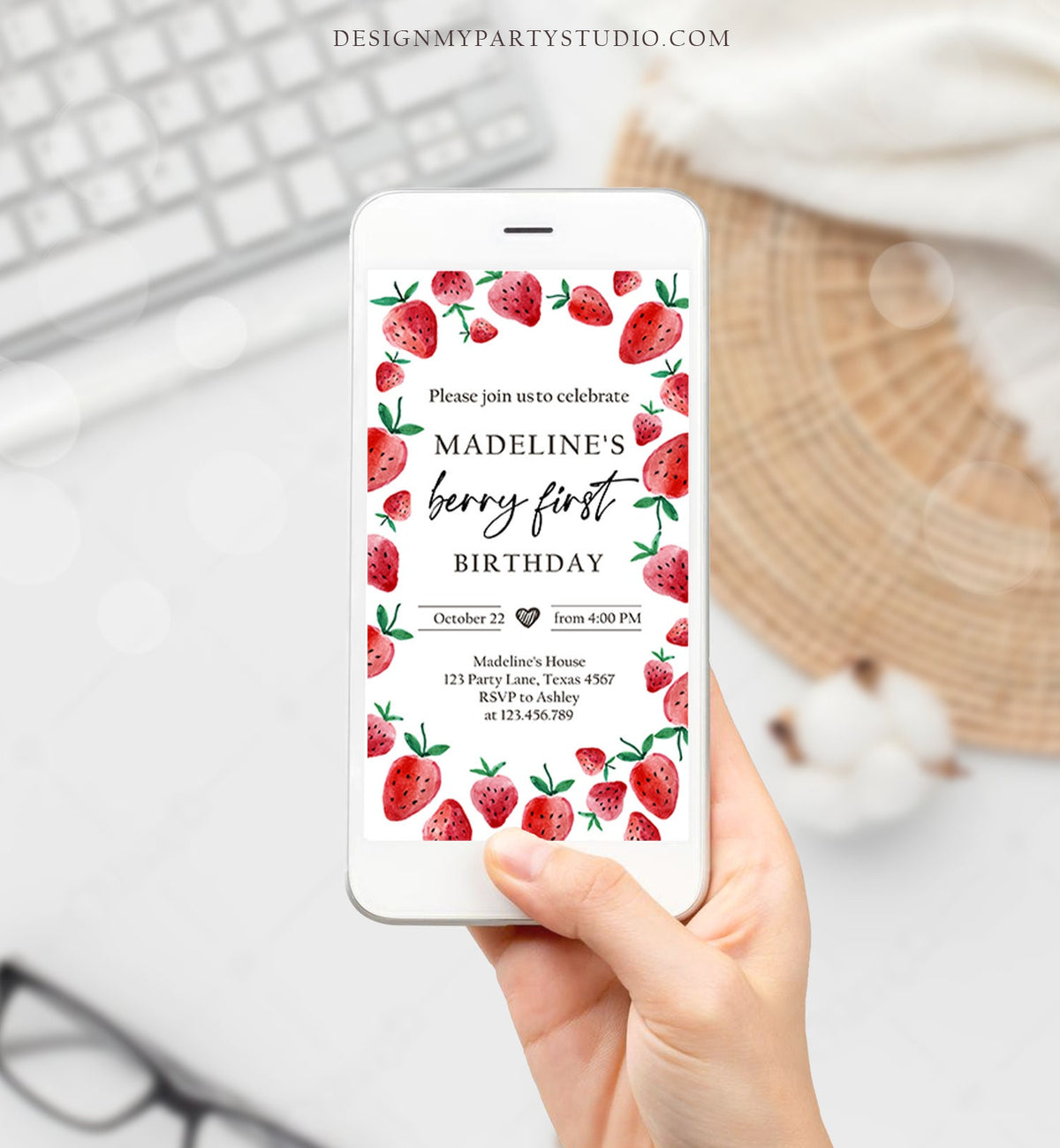 Editable Berry First Birthday Evite Electronic Strawberry Birthday Berry Sweet Strawberries 1st Digital Phone Template Digital Invite 0399
