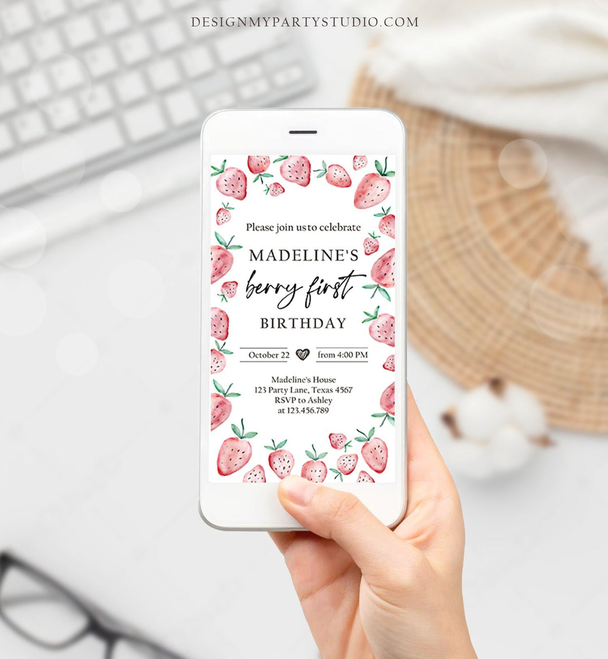Editable Berry First Birthday Evite Electronic Strawberry Birthday Berry Sweet Strawberries Phone Digital Download Evite Template 0399