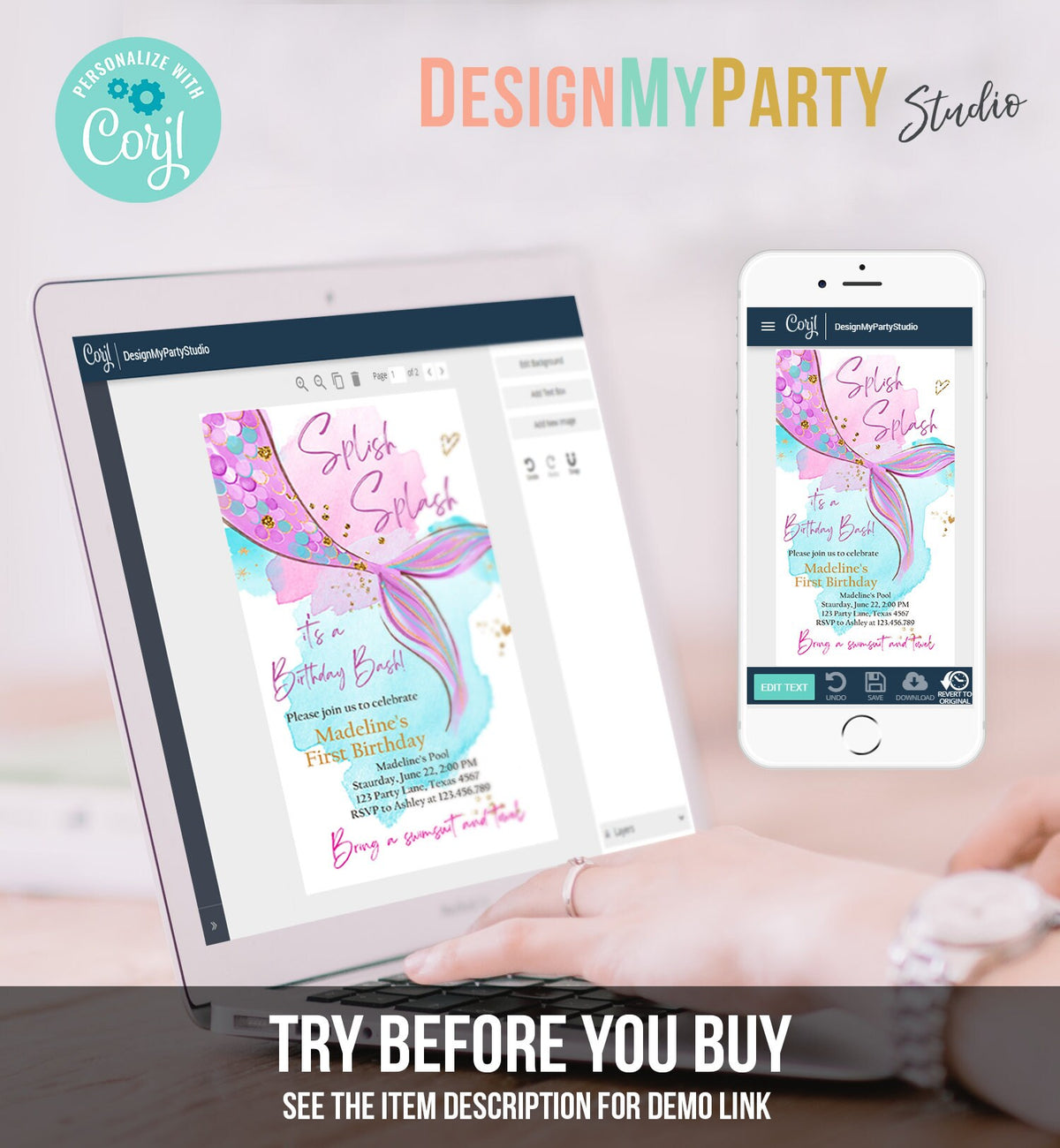 Editable Mermaid Birthday Party Evite Electronic Girl Pink Purple Gold Mermaid Birthday Under The Sea Download Phone Template Corjl 0403