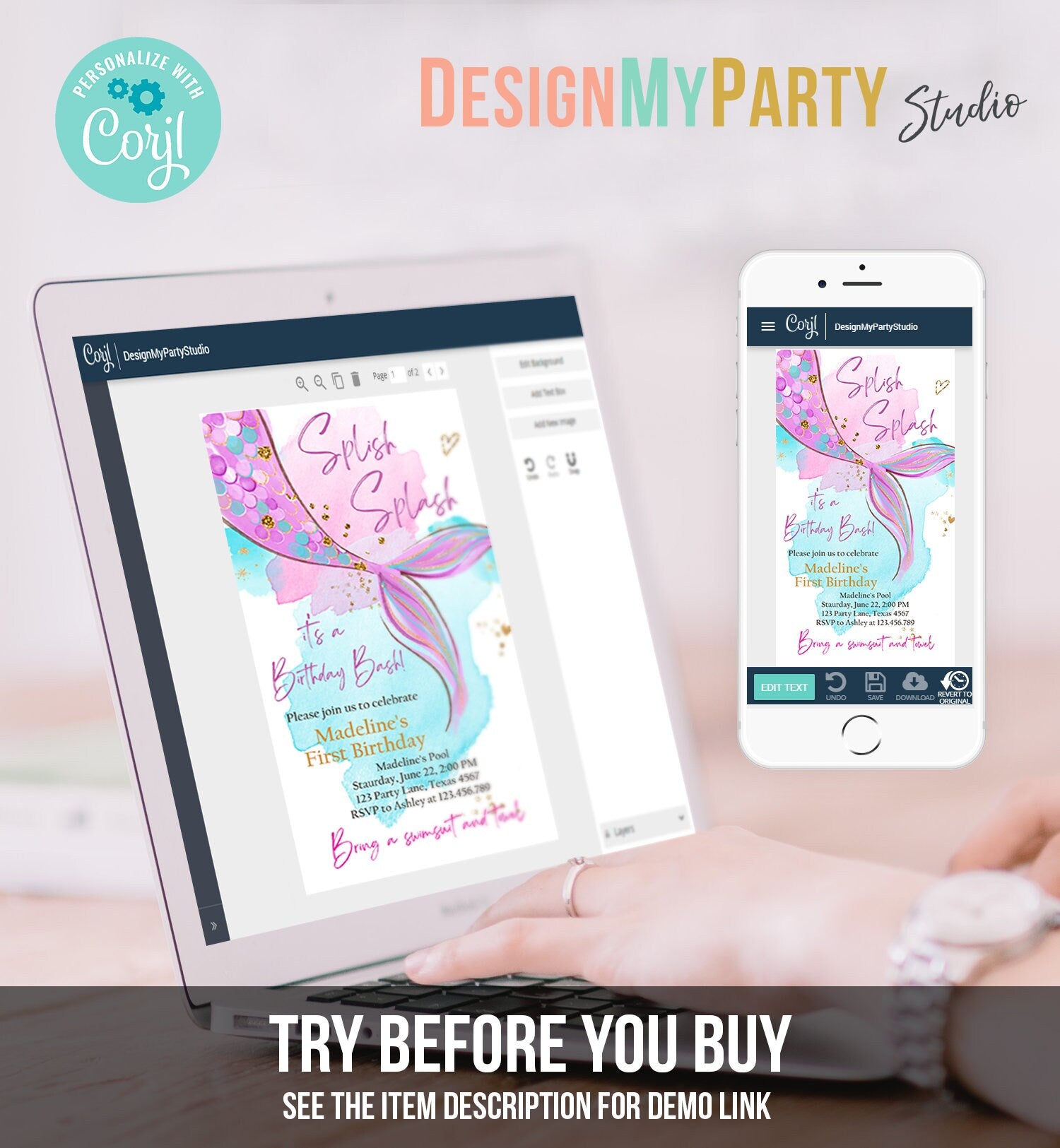 Editable Mermaid Birthday Party Evite Electronic Girl Pink Purple Gold Mermaid Birthday Under The Sea Download Phone Template Corjl 0403