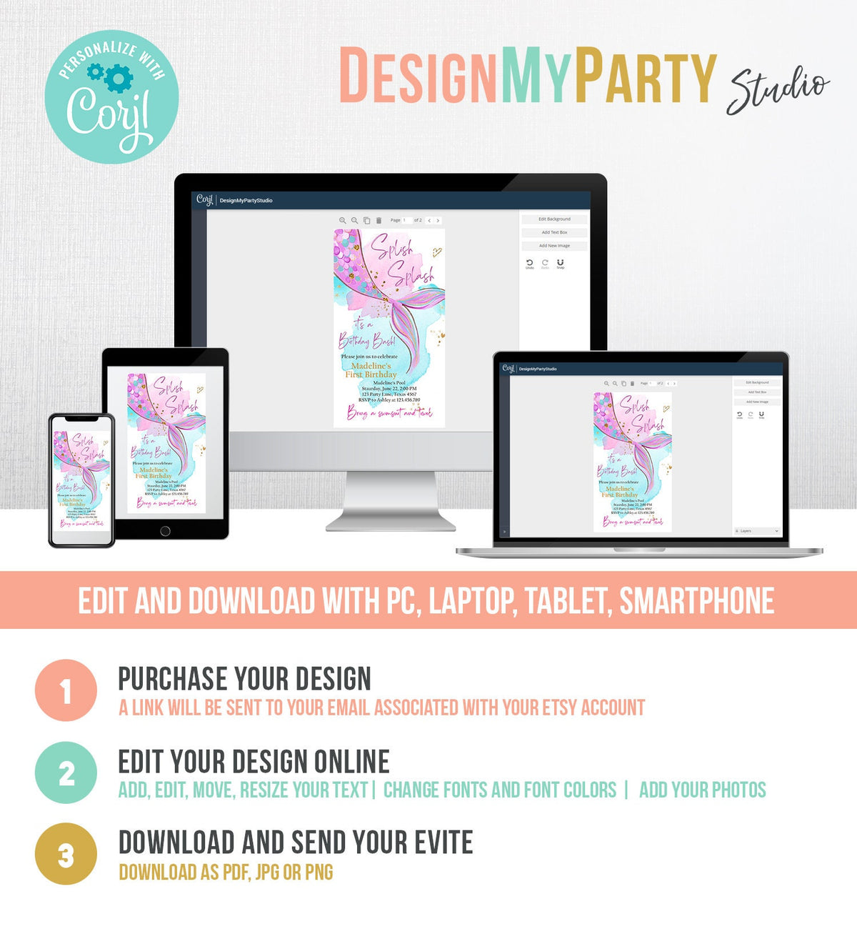 Editable Mermaid Birthday Party Evite Electronic Girl Pink Purple Gold Mermaid Birthday Under The Sea Download Phone Template Corjl 0403