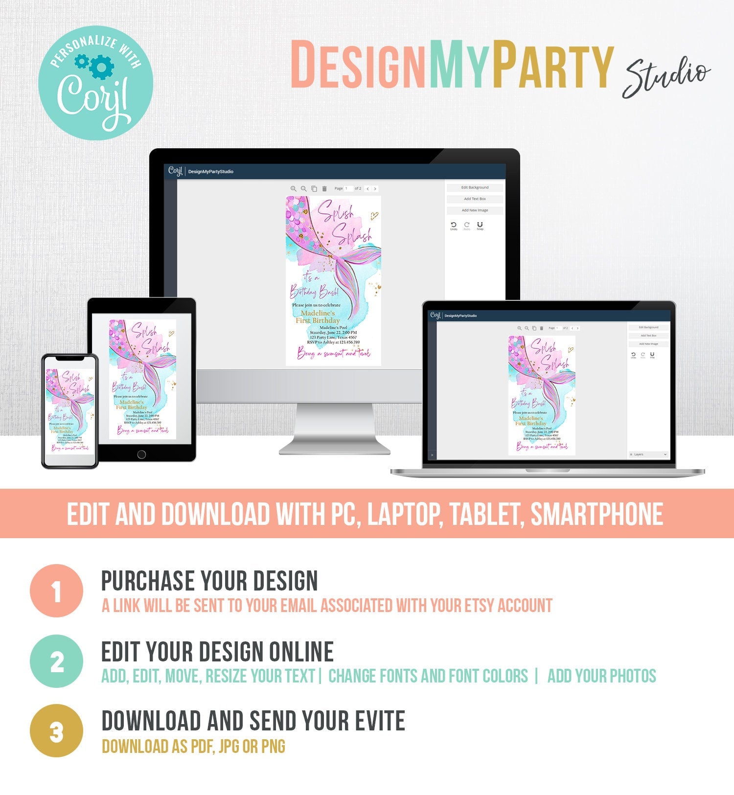 Editable Mermaid Birthday Party Evite Electronic Girl Pink Purple Gold Mermaid Birthday Under The Sea Download Phone Template Corjl 0403