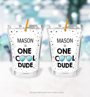 Editable One Cool Dude Capri Sun Label Boy First Birthday 1st Dude Sunglasses Juice Pouch Pack Label Download Corjl Template Printable 0136