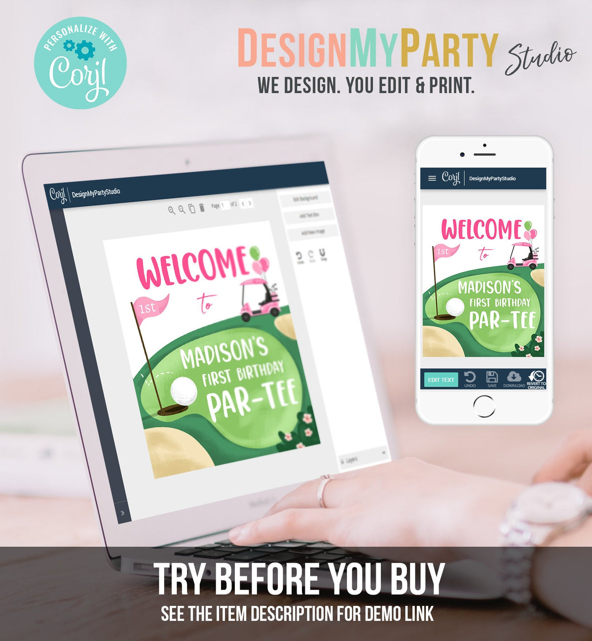 Editable Golf Birthday Welcome Sign 1st Birthday Girl Hole in One Party First Birthday Par-Tee Golfing Golf Digital Template Printable 0405