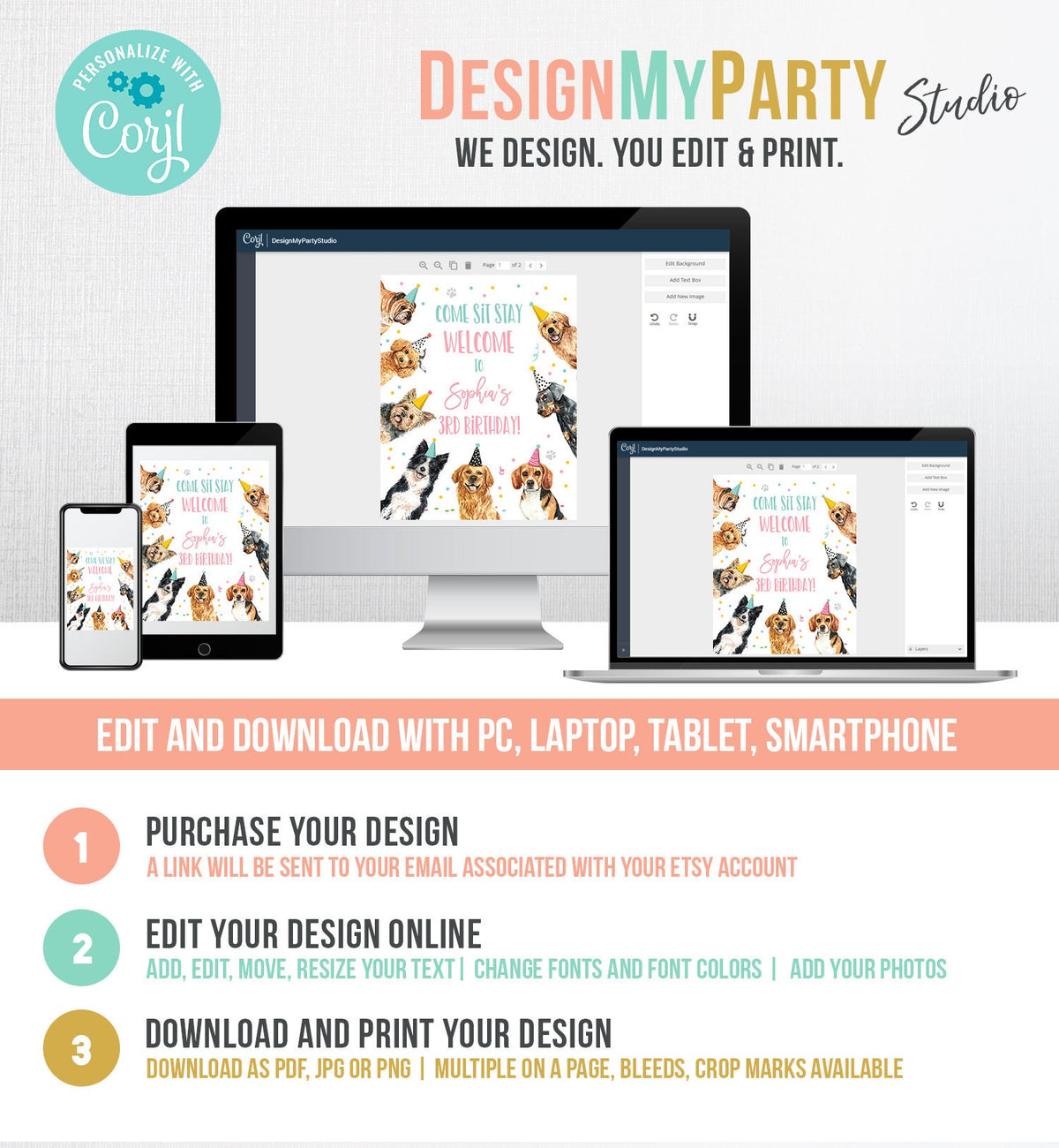 Editable Puppy Dog Birthday Party Welcome Sign Puppy Birthday Pink Pet Dog Birthday Come Sit Stay Paw-ty Girl Template Corjl PRINTABLE 0384