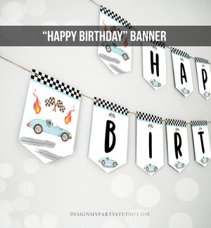 Happy Birthday Banner Race Car Banner Boy Race Car Birthday Decorations Growing Up Two Fast Blue Instant download PRINTABLE DIGITAL DIY 0424