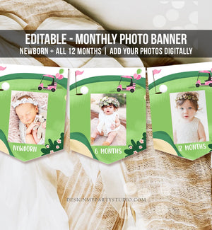 Editable Hole in One Birthday Banner Monthly Photo Banner Pink Golf 1st Birthday Par-tee Golfing Girl Download Corjl Template Printable 0405