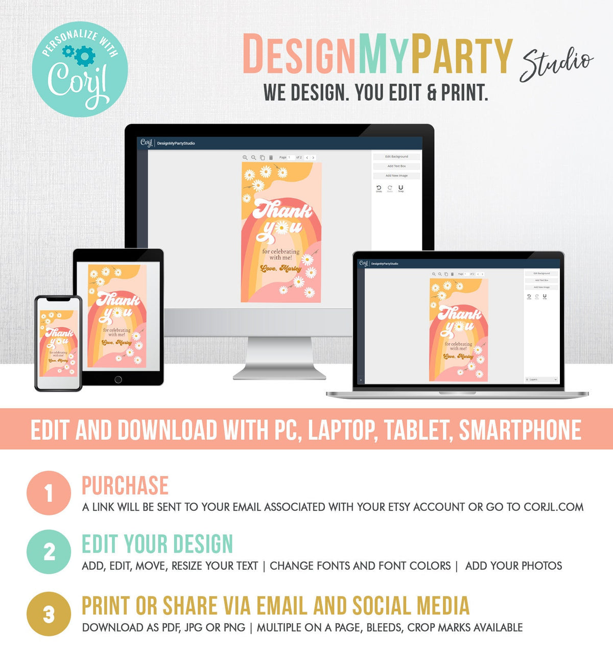 Editable Retro Daisy Favor Tags 1st 2nd Groovy Birthday Thank you Tags Festival Gift tags 70s Floral Hippie Digital Template Printable 0428