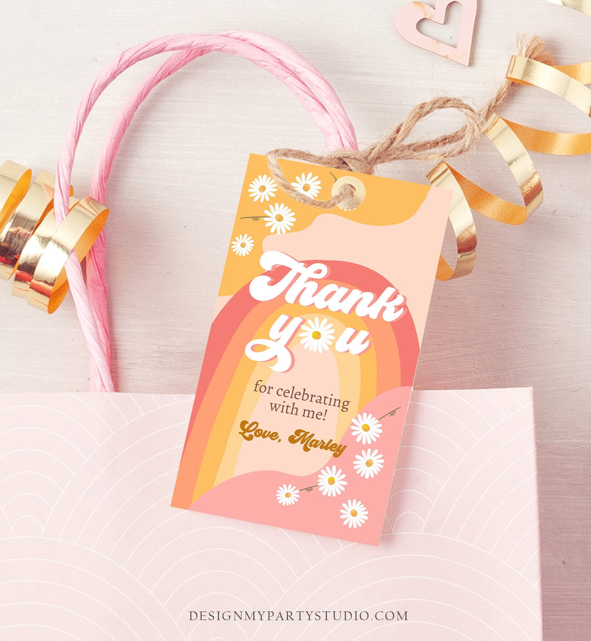 Editable Retro Daisy Favor Tags 1st 2nd Groovy Birthday Thank you Tags Festival Gift tags 70s Floral Hippie Digital Template Printable 0428